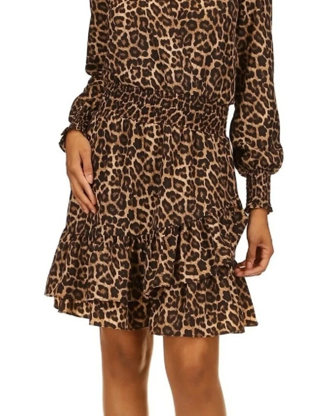 Michael Kors Brown Leopard Print Long Sleeve Ruffle Dress